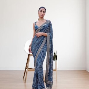 Blue Georgette Saree Indian Wedding Wear Designer Party Wear Sari Embroidered Sequins Work