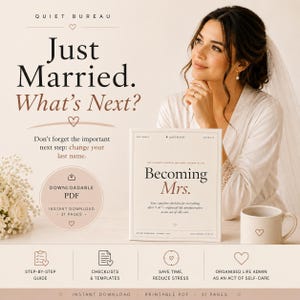 Può includere: Un libro intitolato "Becoming Mrs." con il testo "Just Married. What's Next?" è mostrato. Il libro è una guida per l'amministrazione della vita dopo il matrimonio. L'immagine include anche una tazza da caffè e una donna in accappatoio bianco.