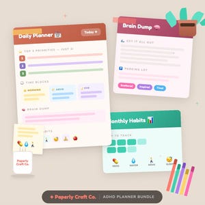 Op de afbeelding: Een digitale plannerbundel met een dagplanner, een brain dump en een maandelijkse gewoontetracker. De dagplanner bevat secties voor topprioriteiten en tijdsblokken. De brain dump-sectie heeft een parkeerplaats voor ideeën. De maandelijkse gewoontetracker helpt bij het volgen van medicijnen, water, beweging en slaap.