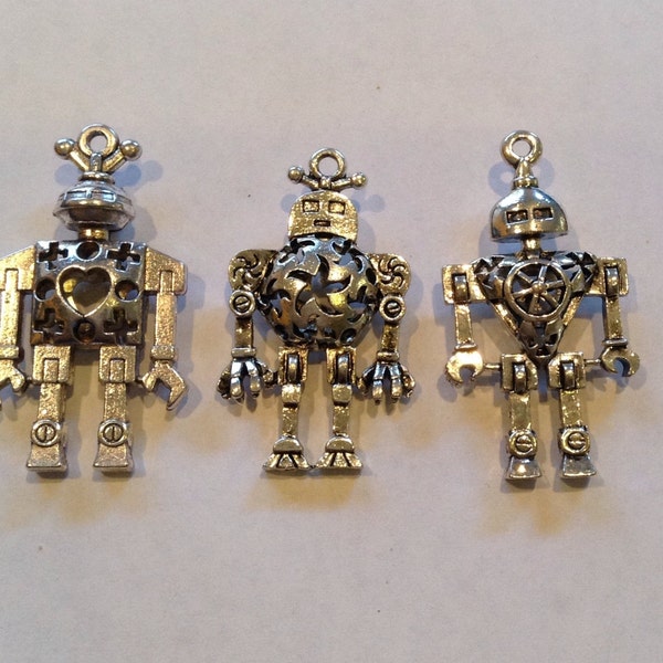 CLEARANCE 3 Large Silver Finish 3D Pendant Robots w Hollow Tummy 3 Different Designs 1 5/8" Besties BFF