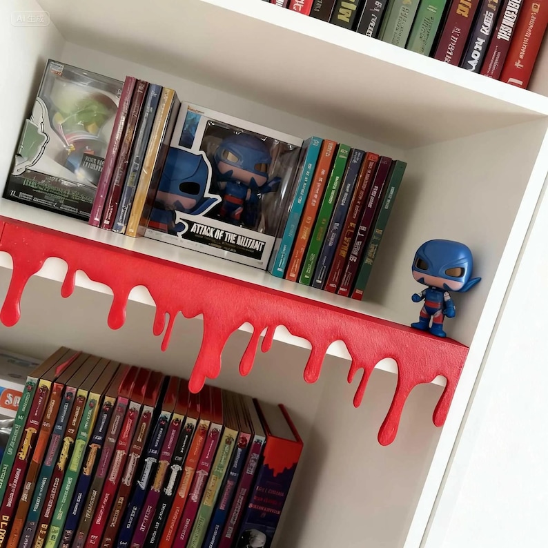 Pu&ograve; includere: Una libreria bianca con un bordo rosso gocciolante. La mensola espone vari libri e figurine da collezione, tra cui una figura di supereroe blu. Il testo "ATTACK OF THE MUTANT" &egrave; visibile su una scatola.