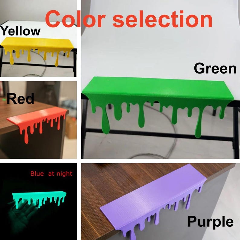 Pu&ograve; includere: Una selezione di protezioni per bordi scrivania colorate in giallo, rosso, verde, blu e viola. Le protezioni hanno un design a goccia unico e sono mostrate su diverse superfici. Il testo "Color selection" &egrave; visualizzato in alto.