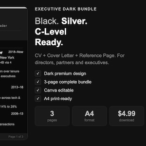 Pode incluir: Um modelo de currículo escuro com o texto "Executive Dark Bundle" e "C-Level Ready". O currículo inclui seções para perfil, experiência e educação. O modelo é editável no Canva e pronto para impressão em A4.