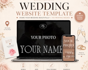 Hochzeit Website Template Canva | Digitale Hochzeitseinladung mit Antwortkarten | Voll bearbeitbar