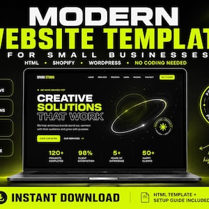 May include: A laptop displays a website template with the text "MODERN WEBSITE TEMPLATE FOR SMALL BUSINESSES." The design is black and neon green, with icons for mobile responsiveness, smooth animations, and easy customization. The template includes HTML, Shopify, and WordPress options.