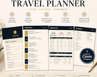 Reiseplaner Canva Vorlage | Reiseplan Budget Packliste | Urlaubsplaner Printable
