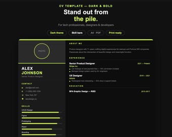 Dunkle Lebenslauf Vorlage | Bold Tech Kreative Lebenslauf Design | Bearbeitbarer Sofortiger Download