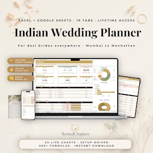 May include: A digital Indian Wedding Planner displayed on a laptop, tablet, and smartphone. The planner includes 19 tabs, live charts, and 300+ formulas. Text on the image reads "Indian Wedding Planner" and "For desi brides everywhere Mumbai to Manhattan."