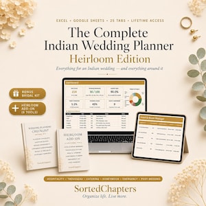 May include: A complete Indian wedding planner, Heirloom Edition, with a laptop, tablet, and two books. The text includes "Excel + Google Sheets," "25 Tabs," and "Lifetime Access." The planner includes a bonus bridal kit and heirloom add-on tools.