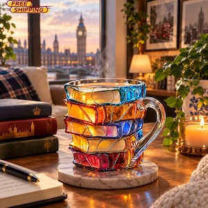 May include: A glass mug shaped like a stack of four colorful books with a clear handle. The mug features translucent blue, orange, purple, and red sections, resting on a circular white marble coaster. Steam rises from the top of the mug.
