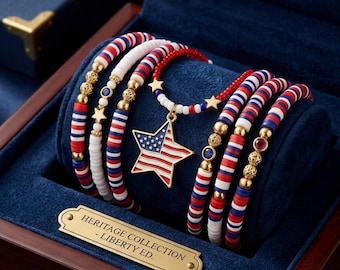 Patriotic Heishi Bracelet Set | Red White and Blue Stacking Bracelets | USA Star Charm