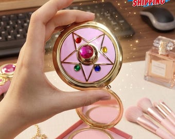 Magical Girl Pink Compact Mirror | Gold Crystal Kawaii Makeup Accessory