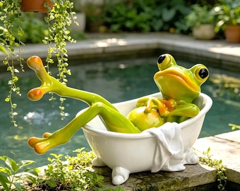 Whimsical Frog in Bathtub Garden Statue, Resin Outdoor Sculpture, Yard Patio Decor