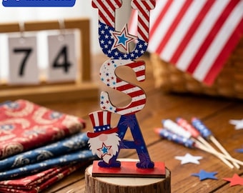 USA Wooden Sign Decor | Patriotic Gnome Tiered Tray Decoration | Red White Blue Americana