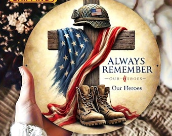 Retro American Flag Cross Metal Sign | Veteran Memorial Tribute Wall Art