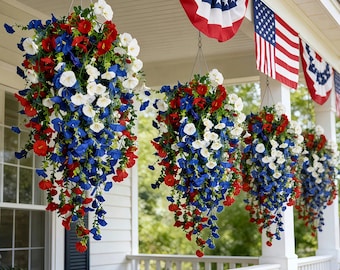 Handmade Patriotic Artificial Hanging Basket Flowers _ Memorial Day USA _ 4th of July Outdoor Floral Arrangement _ Americana Door Decor