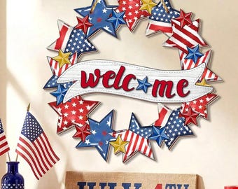 Patriotic  Welcome Sign – 4th of July Wreath, Independence Day Decor, Wooden Hanging Ornament