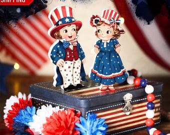 Wooden Uncle Sam Figurine, Patriotic Tiered Tray Decor, Independence Day Americana