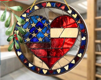 Patriotic Stained Glass Heart Suncatcher, American Flag Window Hanging, 4th of July Decor