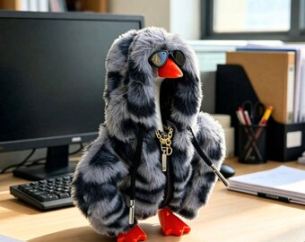 Handmade  7-Inch Mini Goose Outfit _ Faux Fur Hoodie _ Sunglasses, Necklace – Desk Decor
