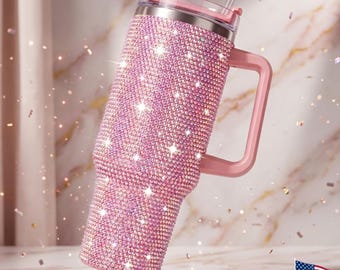 40oz Rhinestone Tumbler with Handle | Sparkly Bling Insulated Travel Mug