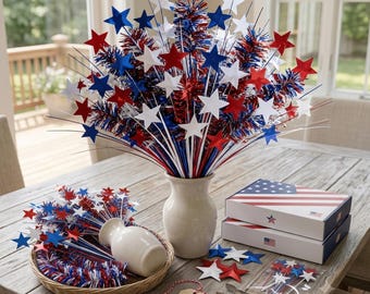 Handmade 4th of July Decor, Patriotic Floral Spray, Red White and Blue Star Picks, Independence Day Vase Filler