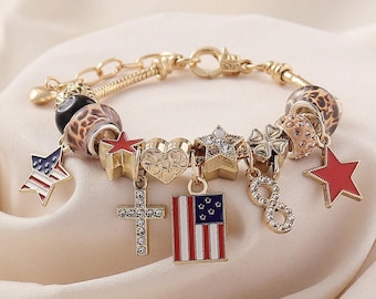 Handmade Patriotic Charm Bracelet _ 4th of July Beaded Bracelet _ Red White and Blue USA Flag Jewelry _ Memorial Day Jewelry Gift