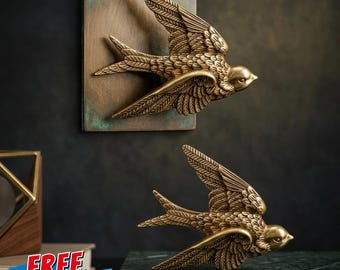Gold Swallow Birds Wall Decor Set | Feather Texture Boho Art (Set of 2)