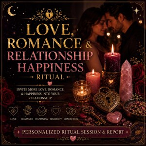 May include: A ritual set featuring a dark purple candle, a pink candle, a rose quartz crystal point, a heart-shaped lock, a key, and a heart-shaped stone. Text reads: LOVE, ROMANCE & RELATIONSHIP HAPPINESS RITUAL, INVITE MORE LOVE, ROMANCE & HAPPINESS INTO YOUR RELATIONSHIP, PERSONALIZED RITUAL SESSION & REPORT.