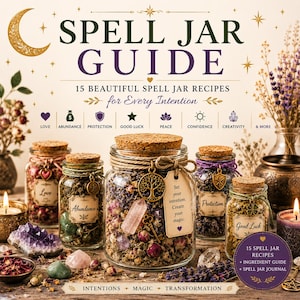 Può includere: Una guida digitale intitolata Spell Jar Guide con 15 ricette per barattoli magici. L'immagine mostra diversi barattoli di vetro riempiti con erbe essiccate, cristalli e ciondoli, etichettati con intenzioni come Amore, Abbondanza e Protezione.
