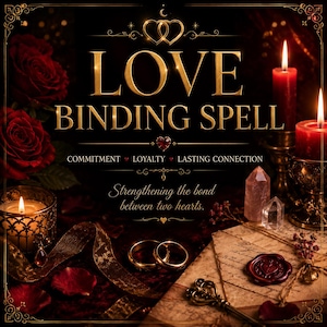 Op de afbeelding: Een romantische afbeelding met de gouden tekst "LOVE BINDING SPELL", rode rozen, kaarsen en trouwringen. De tekst bevat ook "COMMITMENT, LOYALTY, LASTING CONNECTION" en "Versterking van de band tussen twee harten."