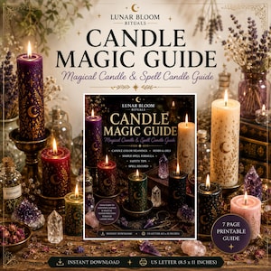May include: A digital Candle Magic Guide printable document featuring the text Lunar Bloom Rituals Candle Magic Guide. The guide includes sections on candle color meanings, herbs, oils, safety tips, and spell records, sized at 8.5 x 11 inches.
