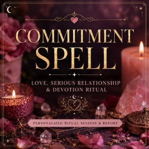 May include: A digital graphic with the gold text COMMITMENT SPELL, LOVE, SERIOUS RELATIONSHIP & DEVOTION RITUAL, and PERSONALIZED RITUAL SESSION & REPORT. The design features pink candles, rose petals, crystals, and a small ornate box.
