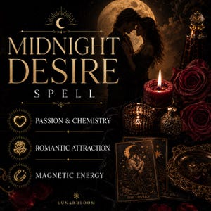 Peut inclure: Publicité pour un sort de désir de minuit, avec un couple en silhouette devant une pleine lune. L'image comprend une bougie allumée, des roses, des cartes de tarot et le texte "Passion & Chimie", "Attraction romantique" et "Énergie magnétique".