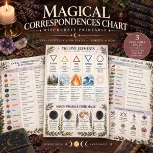 May include: A three-page witchcraft printable titled Magical Correspondences Chart. The pages feature tables detailing the five elements, moon phases, herbs, and crystals with associated intentions, symbols, and meanings in a clear, organized layout.