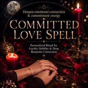 May include: An image with the text "COMMITTED LOVE SPELL" in gold lettering. The image features a full moon, lit candles, rose petals, and two hands clasped together. Two gold rings are visible, along with the text "Deepen emotional connection & commitment energy."