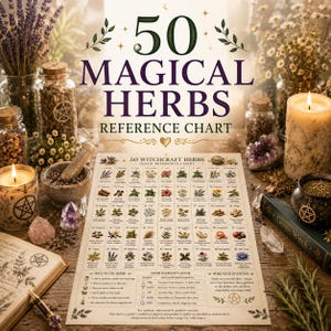 以下が含まれることがあります： 50 MAGICAL HERBSと題された長方形のリファレンスチャート。50種類の植物のイラスト、名前、特性がグリッド状に配置されています。チャートには、ハーブの要素ガイド、使用方法、意図の設定に関するヒントがクリーム色の背景に暗い文字で記載されています。