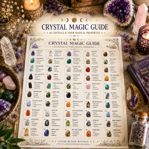 Puede incluir: Un cartel de papel rectangular titulado Crystal Magic Guide 50 Crystals & Their Magical Properties. La tabla presenta una lista numerada del 1 al 50, donde cada entrada muestra una pequeña imagen de un cristal, su nombre y sus propiedades.
