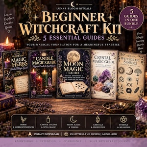 May include: A Beginner Witchcraft Kit bundle featuring five essential guides titled Magic Herbs, Candle Magic, Moon Magic, Crystal Magic, and Witchcraft Symbols. The set includes text, illustrations of crystals, candles, and moon phases, and specifies US Letter 8.5 x 11 inches.
