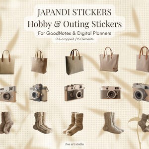 May include: Digital stickers featuring tote bags, cameras, and socks. The stickers are in neutral tones of beige and brown, perfect for digital planners. The text at the top reads "Japandi Stickers Hobby & Outing Stickers For GoodNotes & Digital Planners".