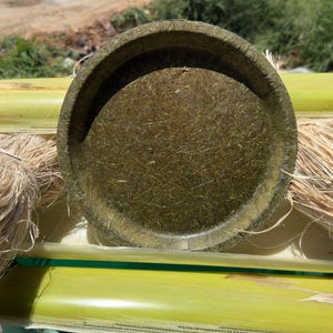 Op de afbeelding: Een cirkelvormig, getextureerd, donker olijfgroen bord gemaakt van samengeperst vezelmateriaal, geplaatst voor twee bundels lichtbruin, grof natuurlijk vezeltouw en verschillende gladde, lichtgroene, cilindrische bamboe-achtige stengels.