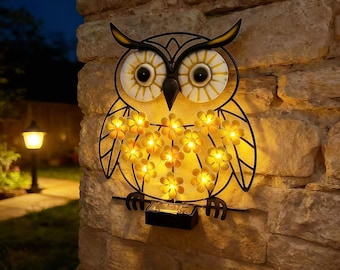 Solar Owl Metal Wall Art Light Led Whimsical Outdoor Garden Decor Yard Patio Fence Decor