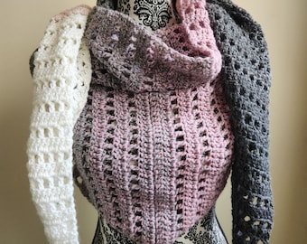 Narrow Crochet Shawl Wrap Scarf in Pink Gray and White