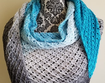 Crochet Triangle Scarf or Shawl in Turquoise Blue and Gray