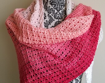 Crochet Triangle Scarf or Shawl in White and Pink, Red