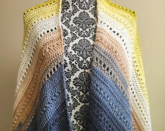 Crochet Wrap Shawl Extra Long in Yellow Gray White and Tan