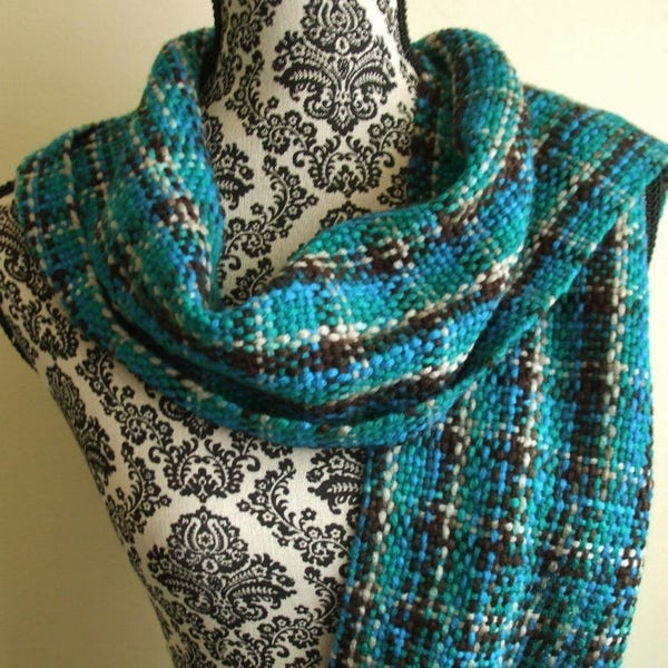 Hand Woven Scarf in Teal Brown