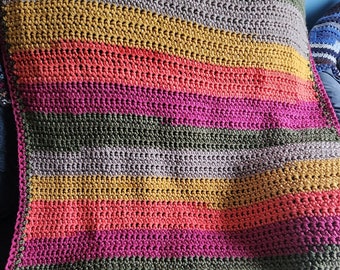 Chunky Striped Afghan Throw Blanket in Pink Orange Yellow Gray Green