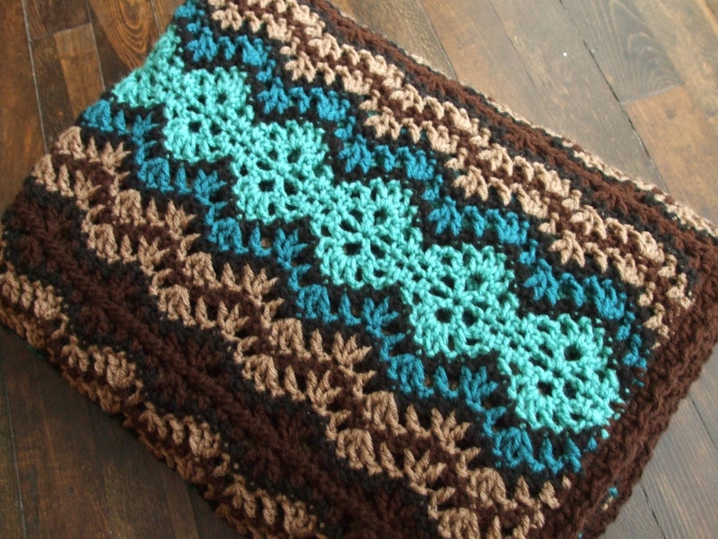 Striped Afghan in Brown and Teal Crochet Throw Blanket image 1