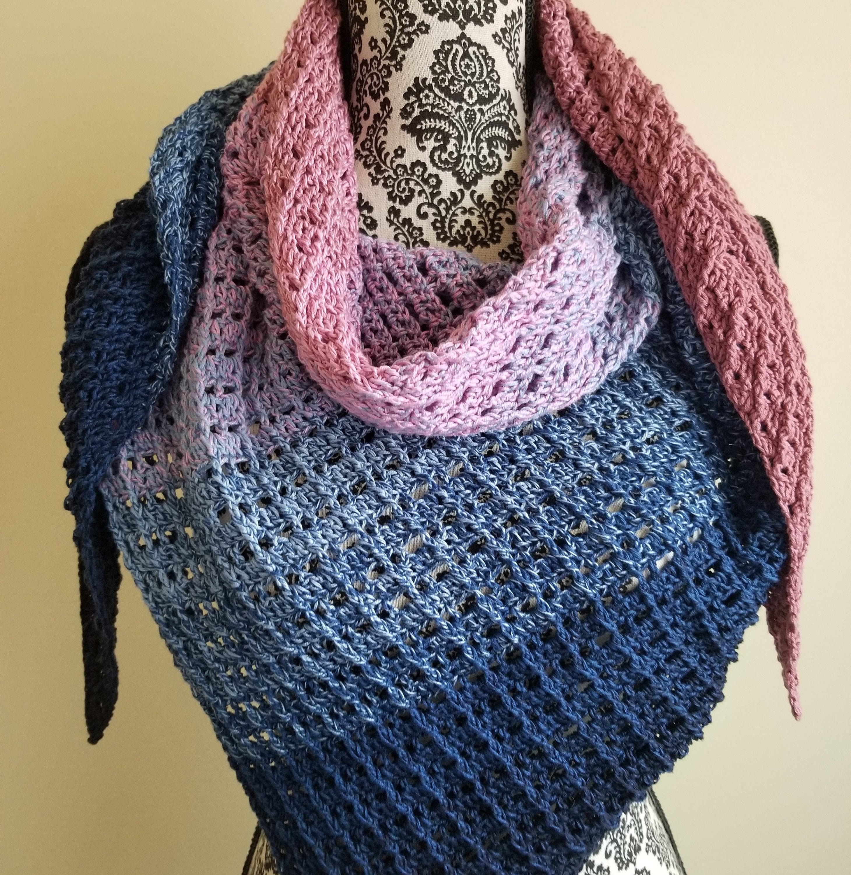 Handmade handmade scarf cloth triangular scarf unique blue pink large crocheted